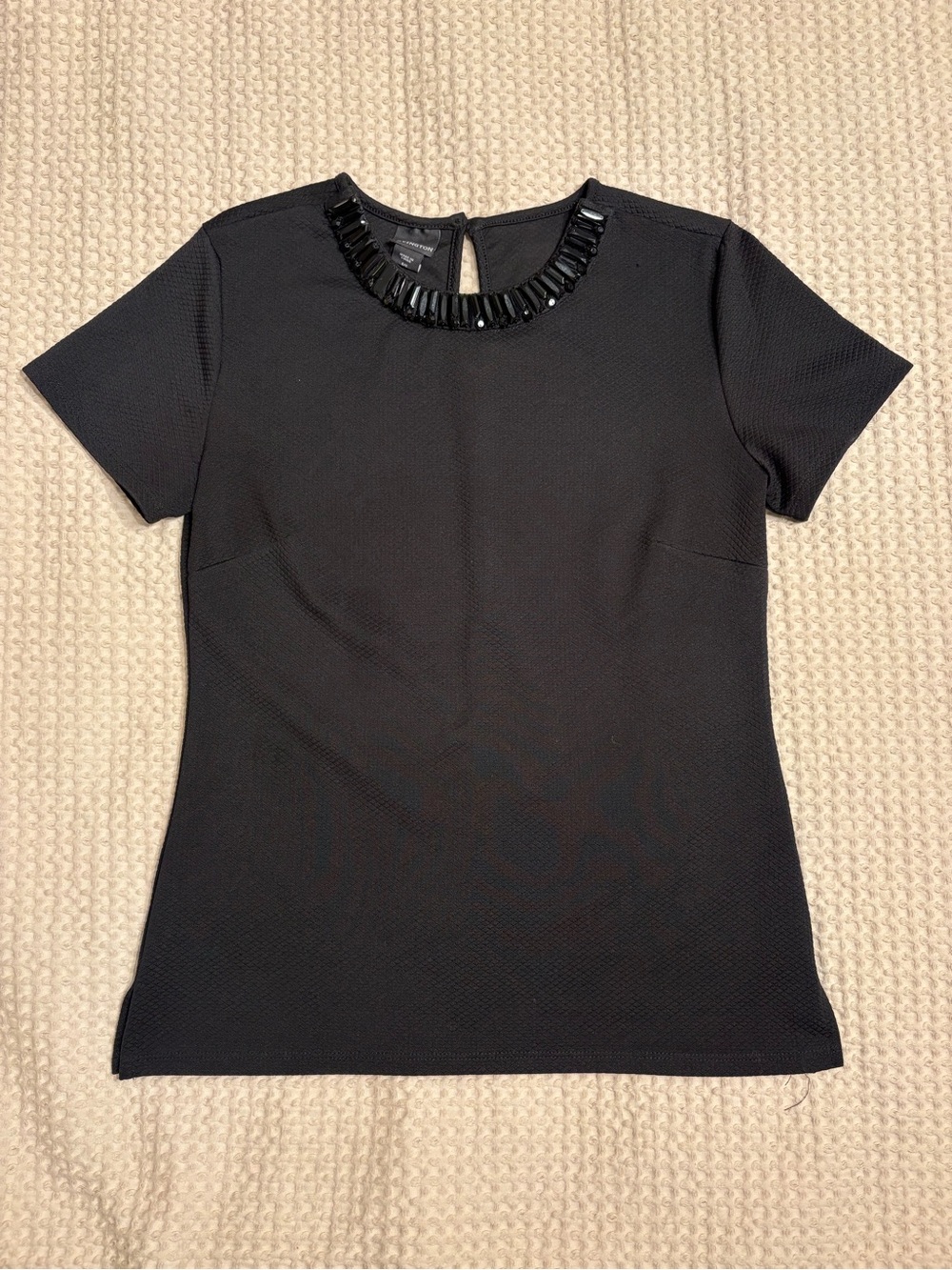Covington Black Short Sleeve Top with Beaded Neckline